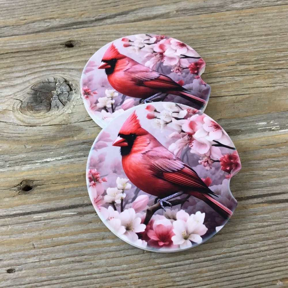 Male Cardinal with Flowers Car Coasters - Set of 2